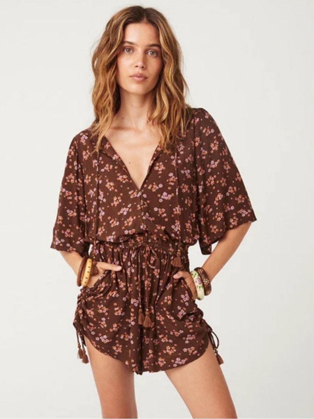 Spell Brown Floral V-Neck Romper with Pink Accents